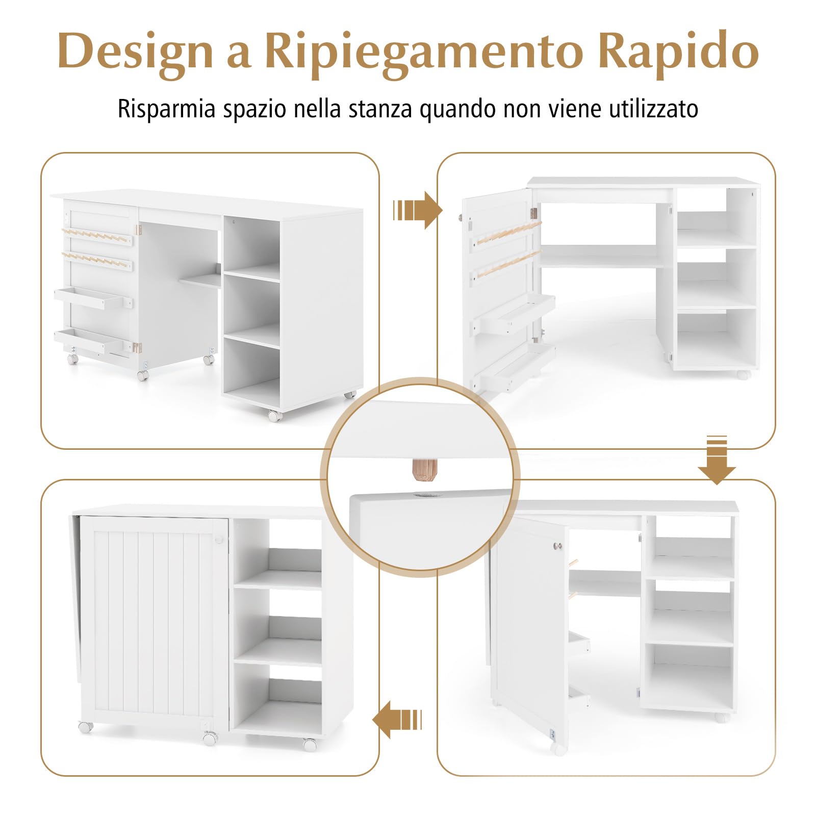 RELAX4LIFE Mesa de costura plegable, mueble para máquina de coser con estantes de almacenamiento, 2 recipientes y 18 ganchos, estación de trabajo portátil con ruedas bloqueables para espacios