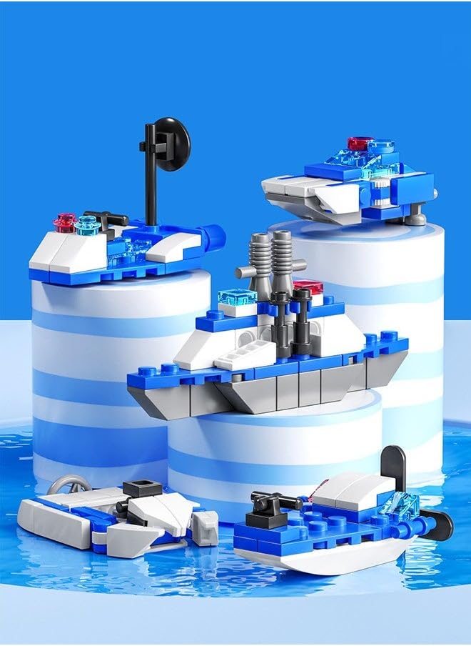 Assembled mini police boat models from Chocozone building blocks.
