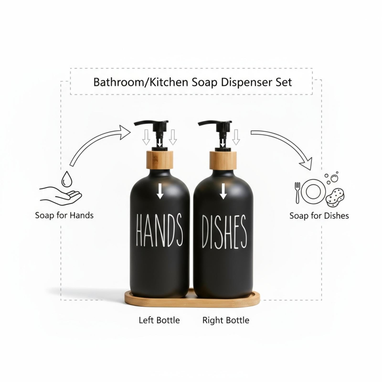 Set dispenser di sapone in vetro, 2 bottiglie marroni con pompa e vassoio in bambù, per cucina e bagno (Nero)