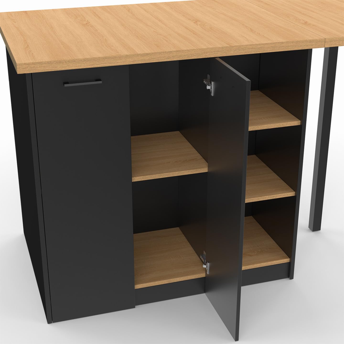 IDMarket - Ilot Central Cesar 140 cm 5 Personnes Bois Noir avec Plan de Travail façon hêtre