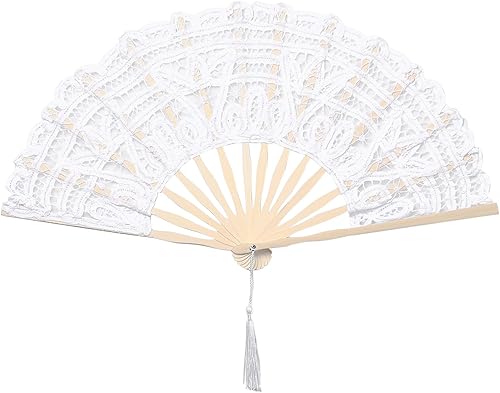 BABEYOND Abanico de mano plegable de encaje de algodón bordado ventilador de mano nupcial con varillas de bambú para decoración de boda fiesta de