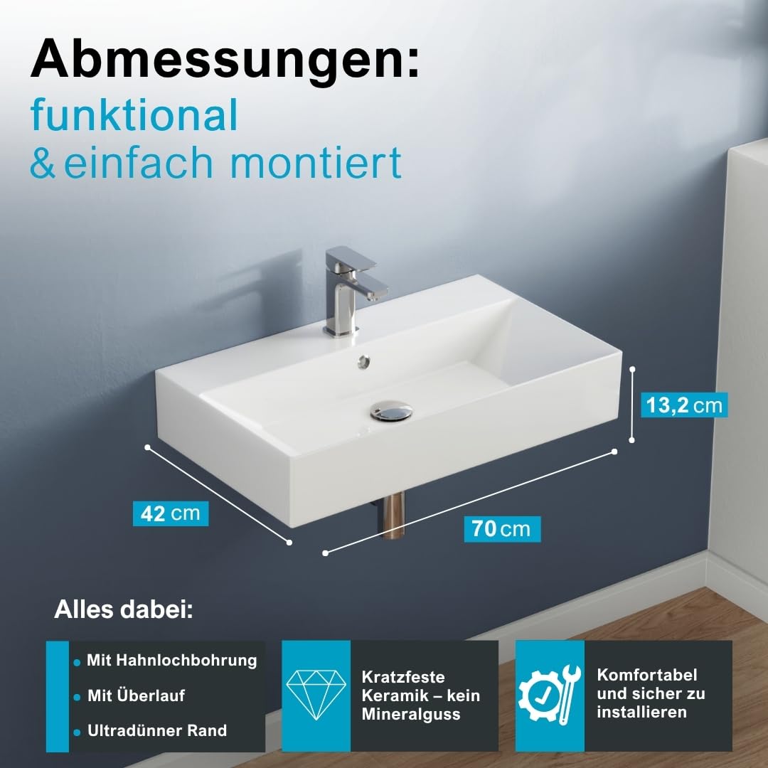 Aqua Bagno umywalka 70 cm prostokątna, ceramiczna biały połysk do montażu ściennego, z otworem na baterię i przelewem, nowoczesny design do łazienki, łatwa w czyszczeniu