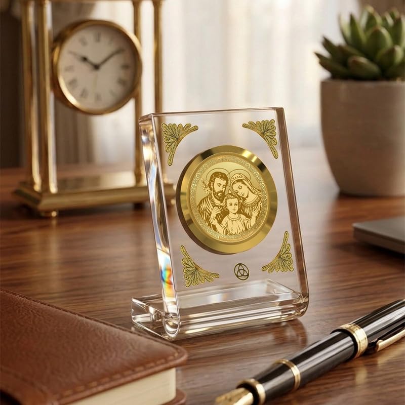 Image of DIVINITI 24K Gold Plated Holy Family Acrylic Frame for Car Dashboard, Home Temple & Office Table | Premium Spiritual Gift, Blessings for Protection & Positivity, 8x7 cm Decorative Showpiece