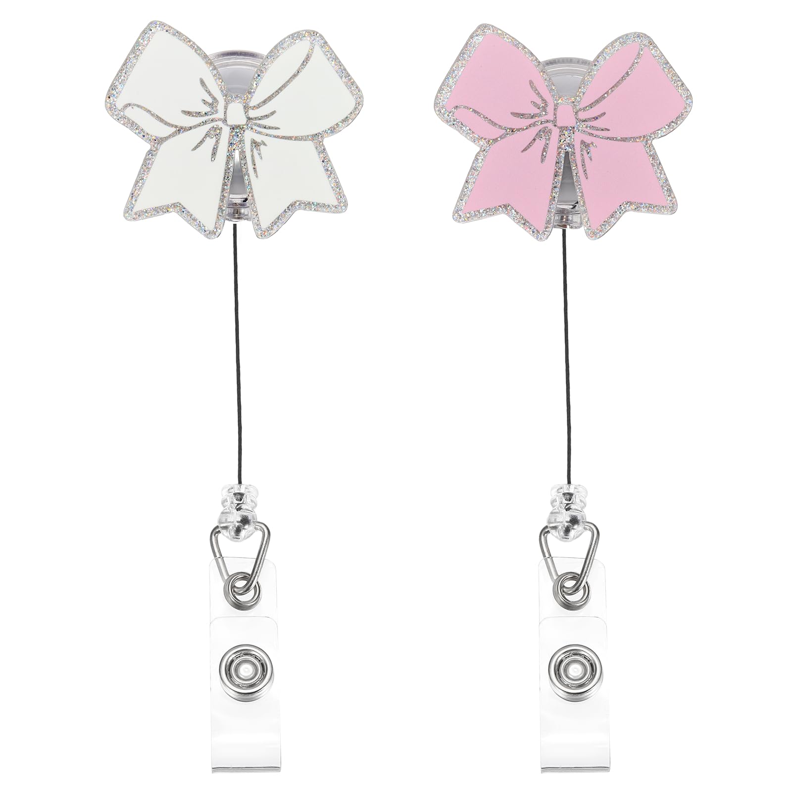 PATIKIL Bow Badge Reel, 2 Pcs Acrylic Bow Badge Holder 2.01"x1.69" ID Name Holder Reels Accessories with Retractable Cord & Alligator Clip for Office Worker Teacher, Pink/White