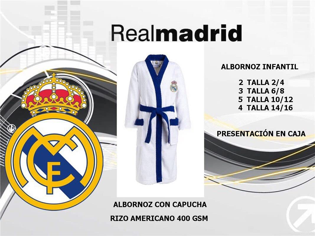 Albornoz Real Madrid Niño 6/8 Bordado Capucha 100% Algodón Rizo