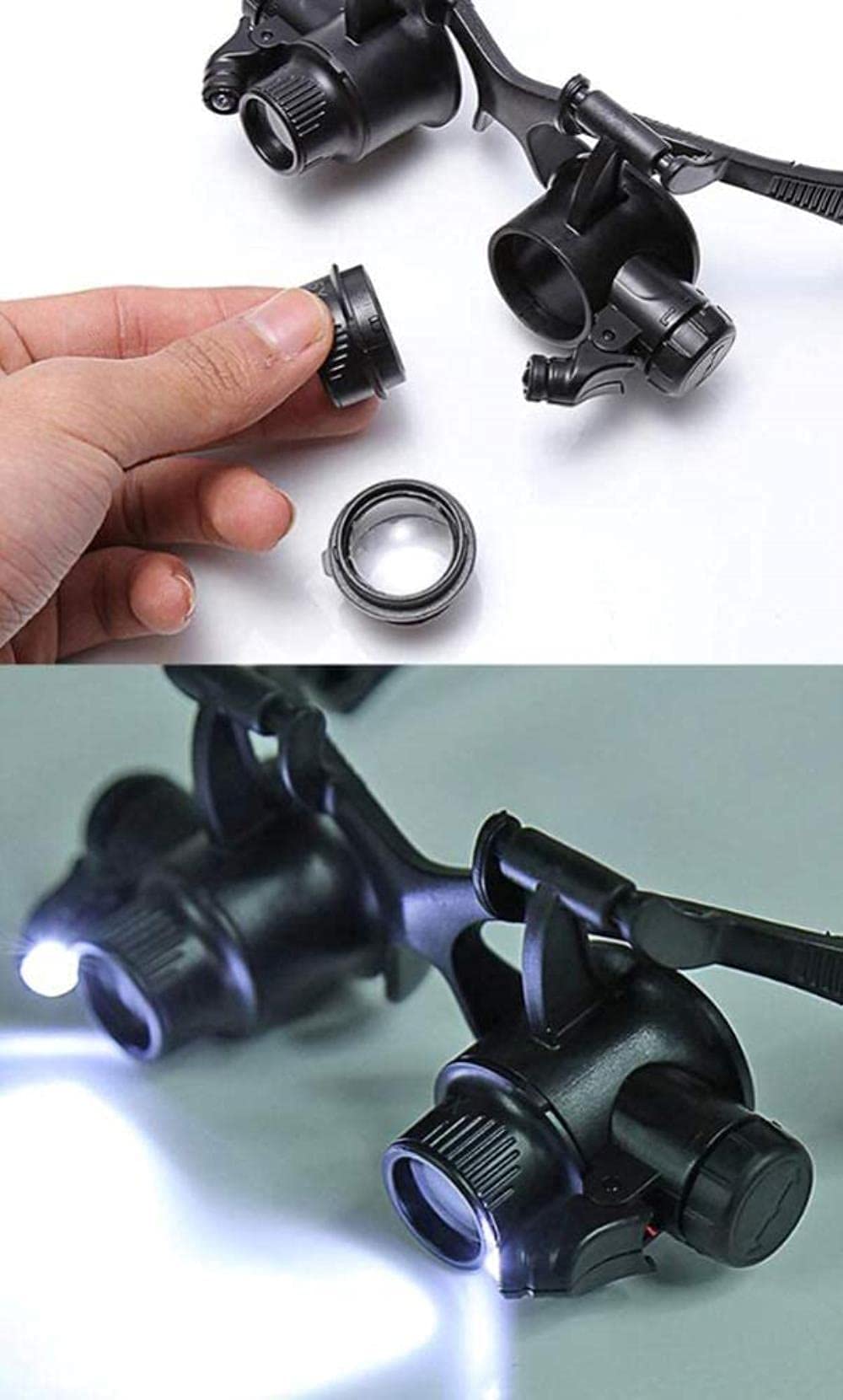Lupa portátil 10X 15X 20X 25X Gafas de Doble Ojo Cabeza de Lupa con Lupa Auriculares Lupa iluminada Juego de Herramientas con luz LED para reparación de Relojes A/A (A)