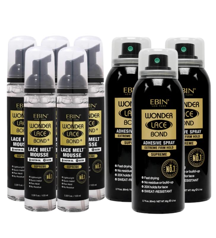 5X Wonder Lace Bond Melt Mousse + 3X Wonder Lace Bond Wig Adhesive Spray – Supreme – Secure Hold, Seamless Blend, Ebin Melting Spray & Bold Hold Glue – Gift Set (8 Items)