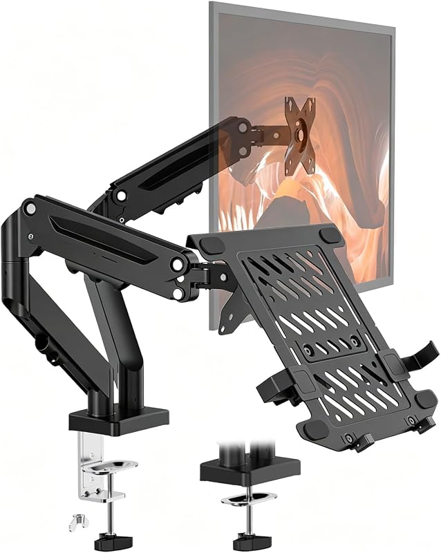 PUTORSEN Brazo para monitor y computadora portátil para monitor máximo de 32 "y computadora portátil de 17" | 19,8 libras por brazo, soporte ergonómico para monitor doble, brazo para bandeja de portátil con resorte de gas totalmente ajustable, VESA 75/100 mm
