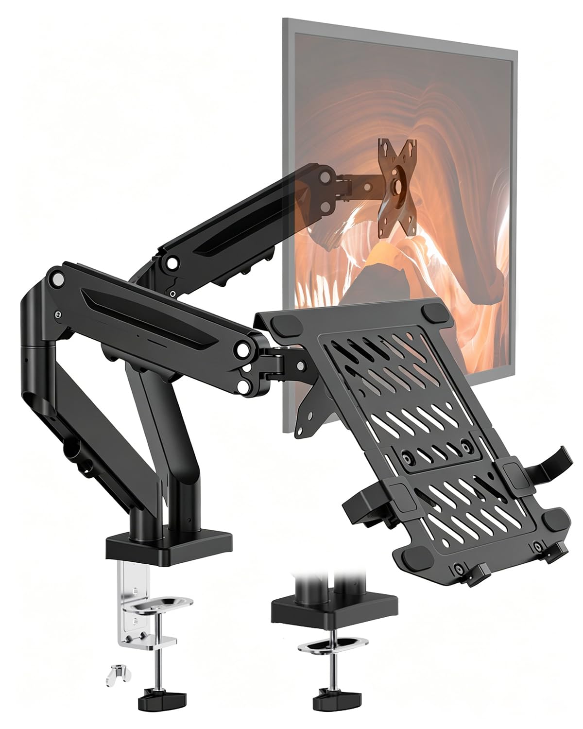 PUTORSEN Supporto Monitor Braccio con Vassoio per Laptop, Regolabile Supporto per Notebook per Schermi LED LCD da 17 a 32 Pollici o Notebook Fino a 17 Pollici, Peso 9 kg,2 Tipi di Installazione