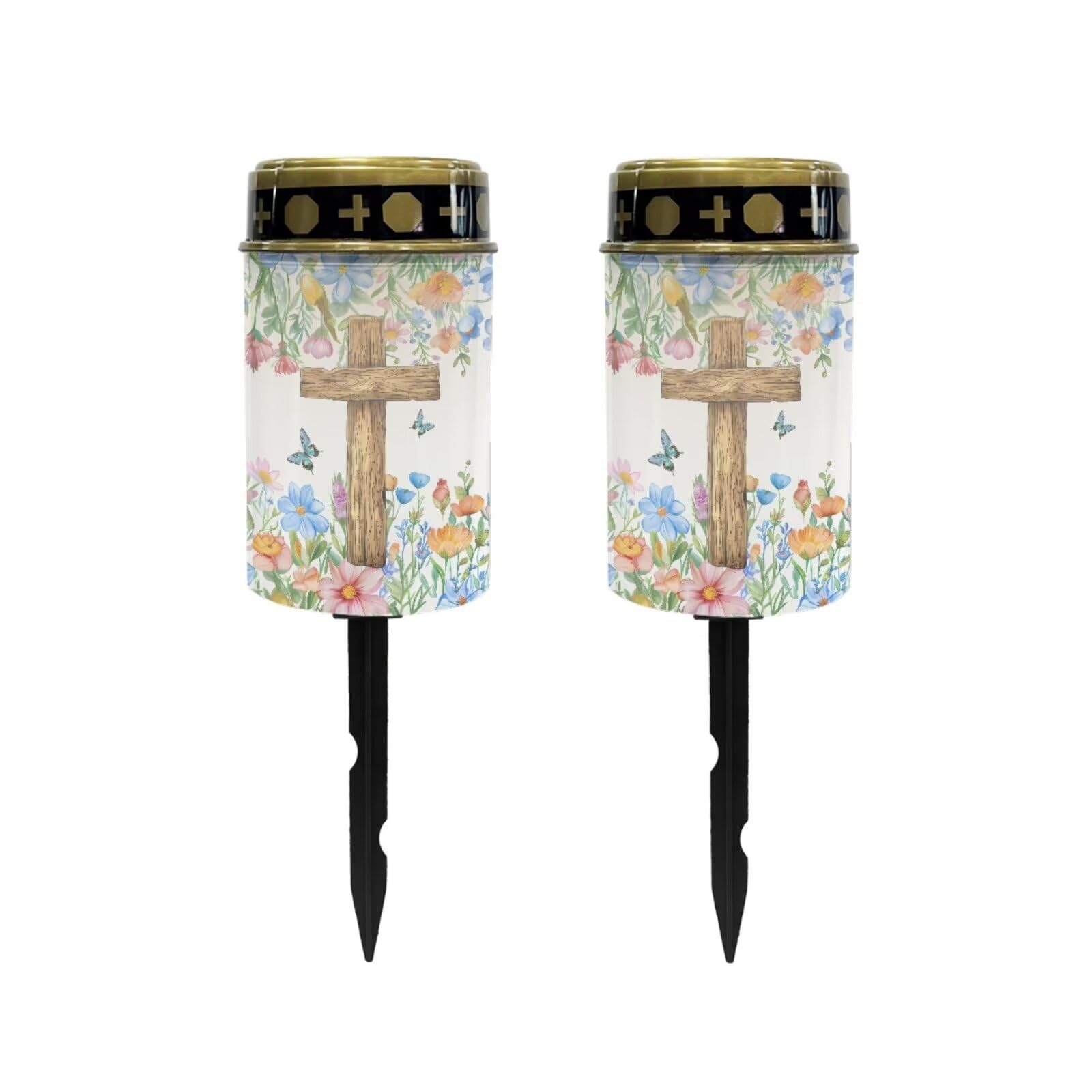 Poceacles Cross Solar Lights Solar Cemetery Lights Solar Grave Lights Outdoor Waterproof Decoration Pathway Lights Garden Solar Candle for Memorial Day Decor, Flower Butterfly Cross, Pack of 2