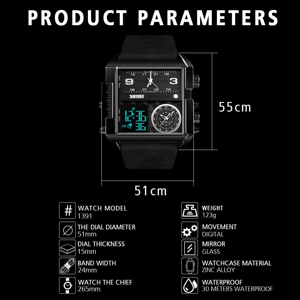SKMEI Montre de sport numérique pour homme avec grand cadran LED carré et affichage analogique à quartz avec plusieurs fuseaux horaires et chronomètre
