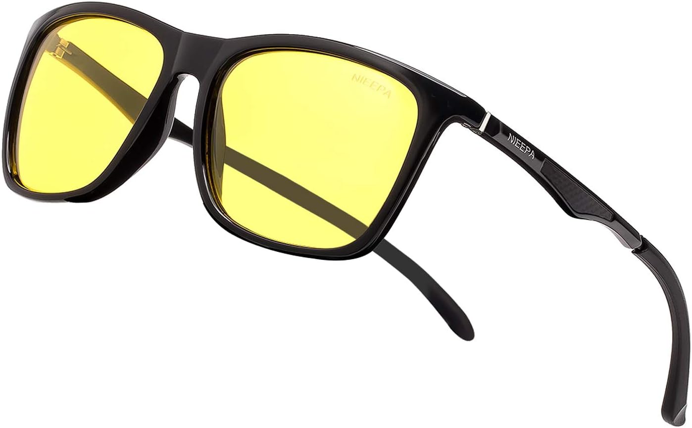 HD Polarized Sunglasses Square Yellow Lens Aluminum Magnesium Temple Spring Hinges Driving Sun Glasses Men Women Classic Retro Glasses (Night Vision Lens/Black Spring Frame)