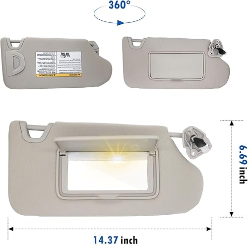 Miniatura 2 de Visera parasol para lado del pasajero derecho gris con luz compatible con Nissan Altima 2013 2014 2015 2016 2017 2018 reemplaza # 96400-3TA2A