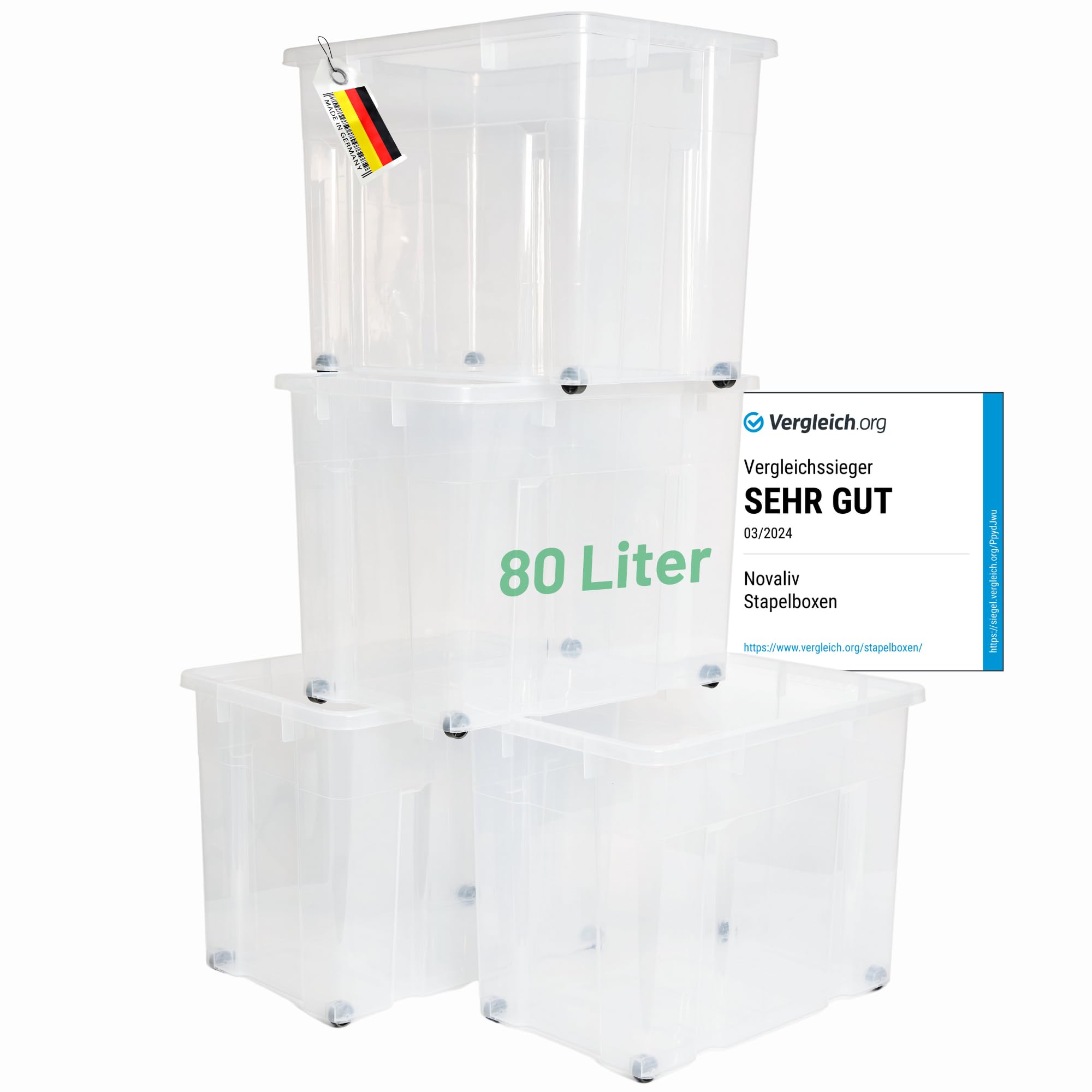 Novaliv 4x XXL Aufbewahrungsboxen ohne Deckel Groß 80L transparente nestbar stapelbar Rollboxen Kunststoff BPA-frei 59x39x44 cm