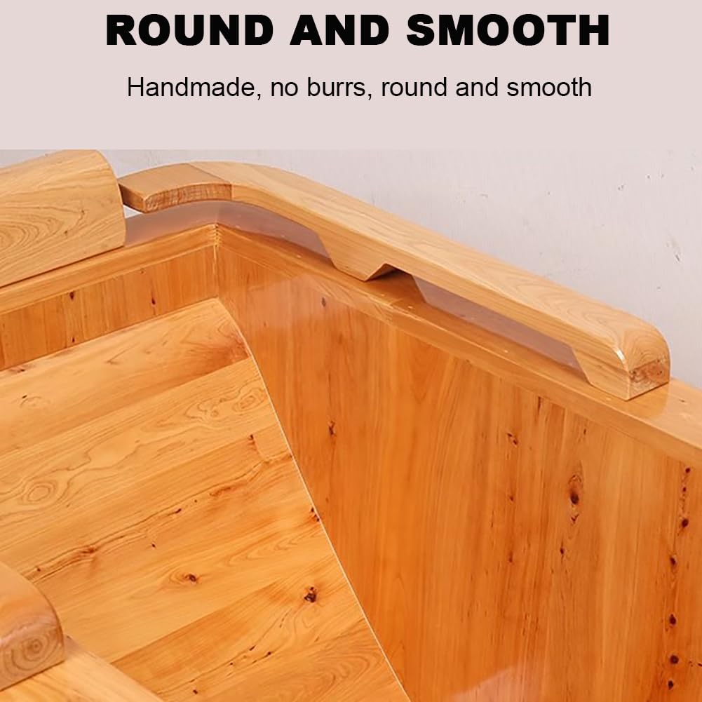 Vasca da Bagno Rettangolare in Legno, Vasca da Bagno Profonda in Legno Massello, Vasca da Bagno Antiscivolo con Panca Esterna, Cucchiaio di Legno, Vasca da Bagno Orientale,Flat Bottom 130cm