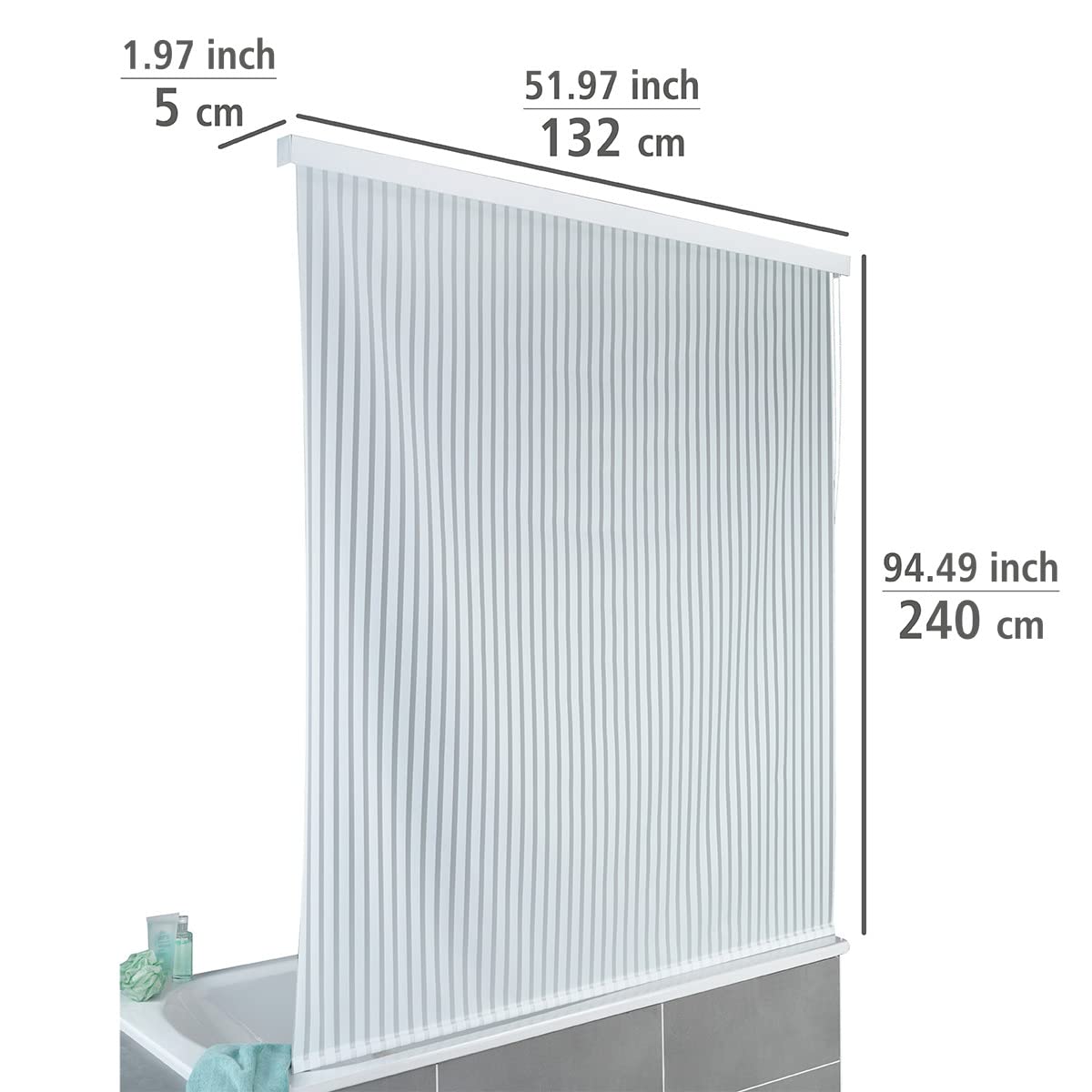 Wenko Tenda a Rullo per Doccia e Vasca da Bagno, ad Asciugatura Rapida, Impermeabile e Facile da Pulire, in Alluminio, 132 x 240 x 5 cm, Bianco