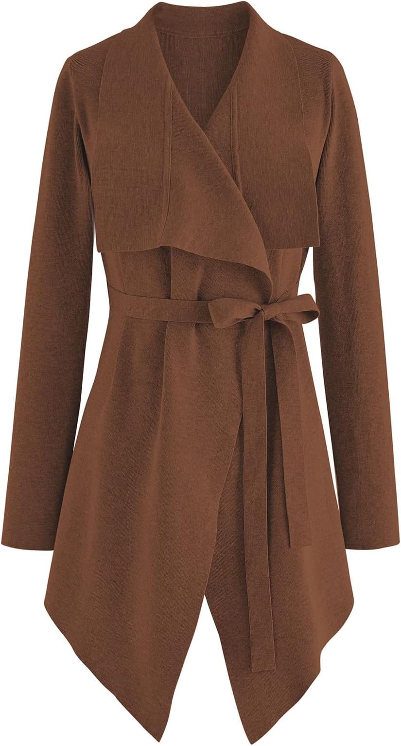 CHICWISH Women's Wide Lapel Tie Waist Knit Cardigan Coatigan Light Jacket