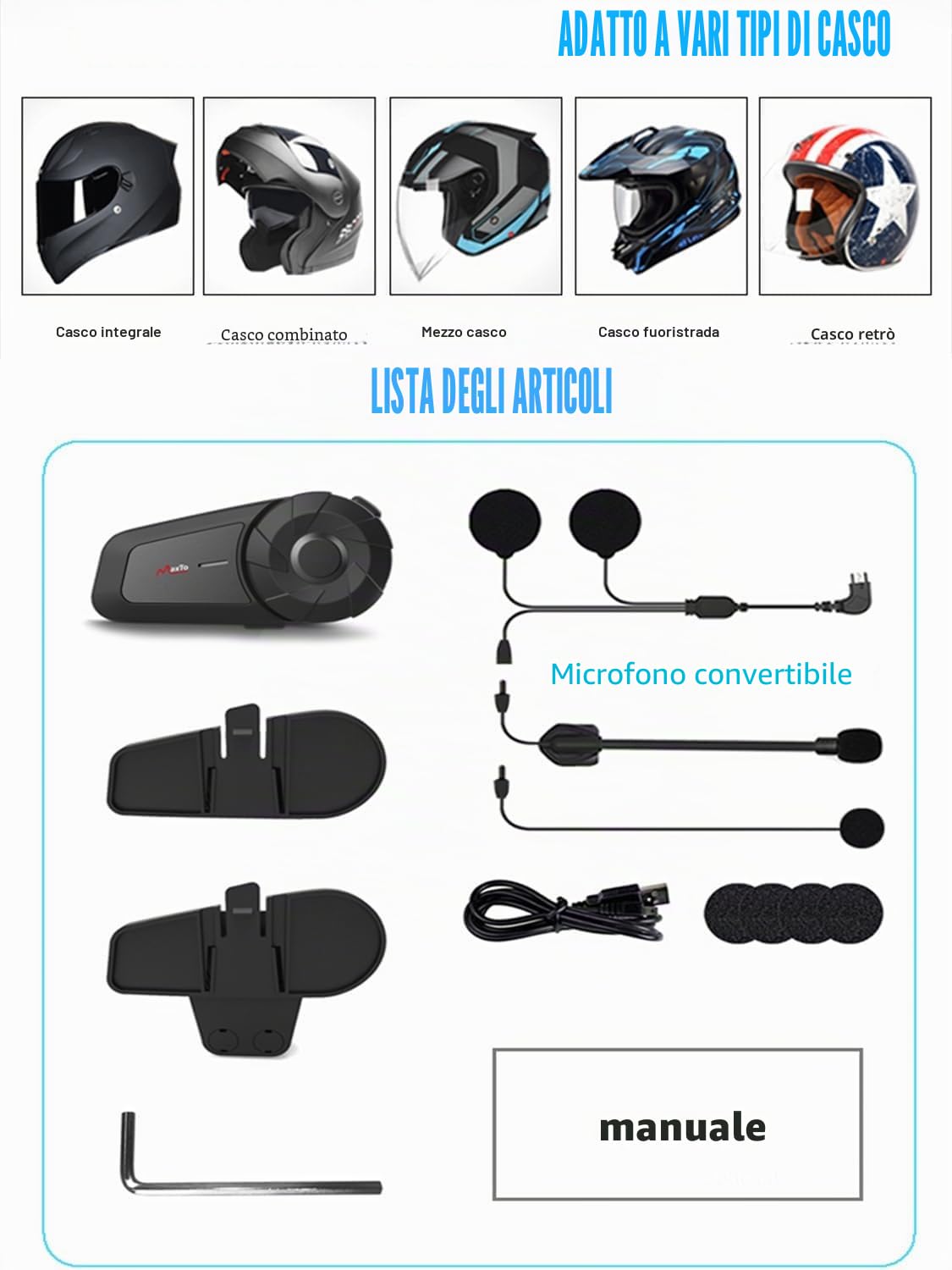 MAXTO Cuffie Bluetooth per moto, interfono a rete, 1000 m 8 piloti, sistema di comunicazione per moto,CVC+DSP cancellazione del rumore, condivisione musica,IP67 impermeabile(2 Pezzi)
