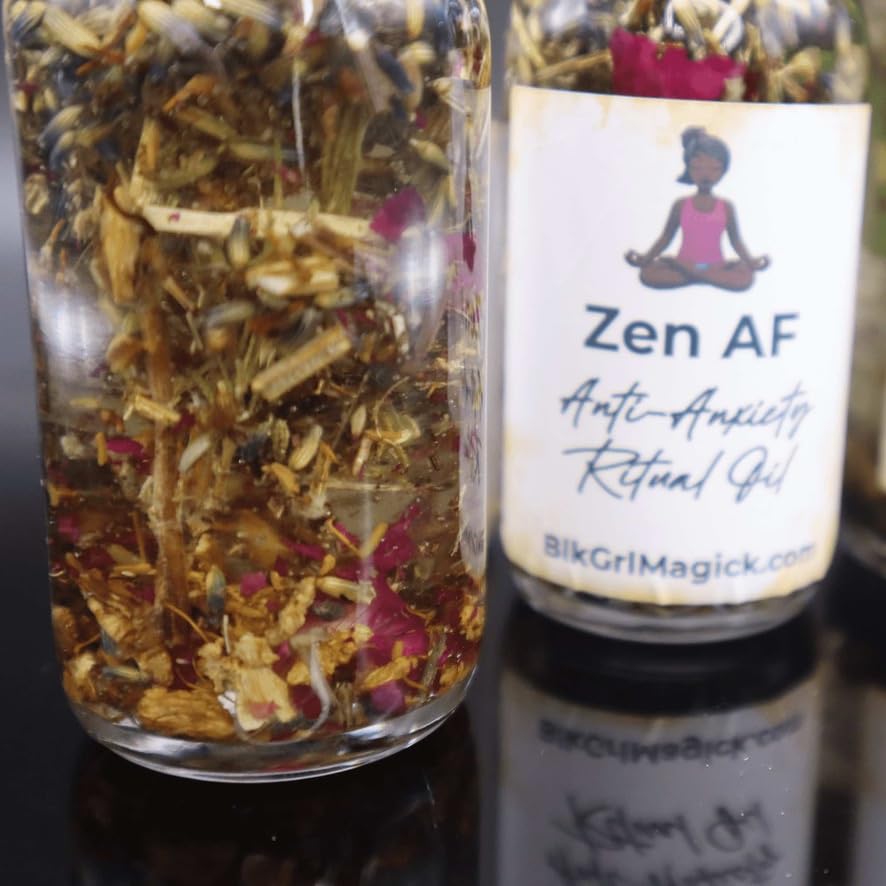BlkGrlMagick Zen Master Ritual Oil, Sage Lavender Scent, Handcrafted Raw Crystals, Homegrown Herbs, Organic Sweet Almond Oil, Hoodoo Glass Dropper Bottle, for Peace Prayer Meditation (1oz, Dropper)