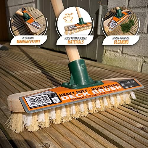 Long Handled Deck Scrubbing Brush with Metal Scraper | 28cm Heavy Duty Patio Brush with Mixed Tampico and Synthetic Bristles | Decking Brush for Cleaning Driveway, Deck, Patio, and Block Paving