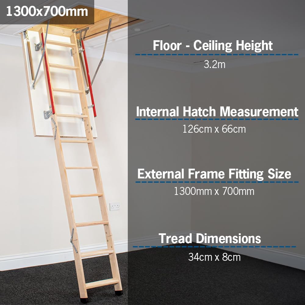Scala retrattile per soffitta in legno BPS® Deluxe | Doppia ringhiera di sicurezza | Scala retrattile pieghevole per soffitta | Certificazione EN14975 | 150 kg | | Telaio: 1300 x 700 mm