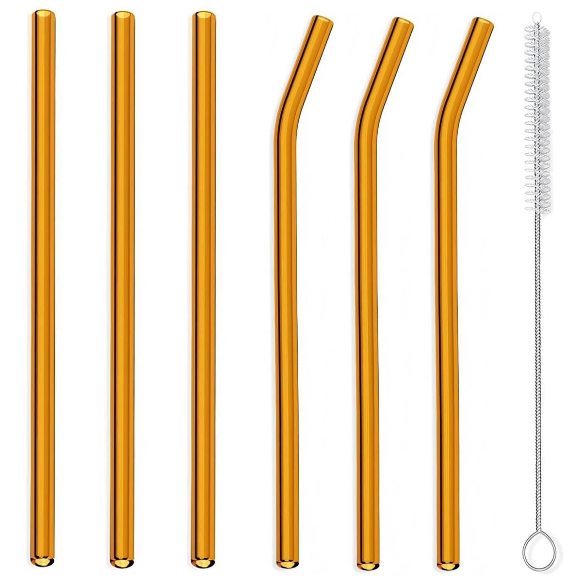 Reusable Glass Straws 6-Pack – 3 Straight & 3 Bent with Cleaning Brush, Eco-Friendly Drinking Straws for Smoothies, Juice, Water, Hot or Cold Drinks(Amber)