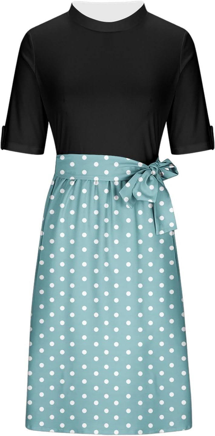 Women Polka Dot Midi Dress Short Sleeve Mock Neck Patchwork Tie Waist Dresses Business Casual Summer Fashion Outfit