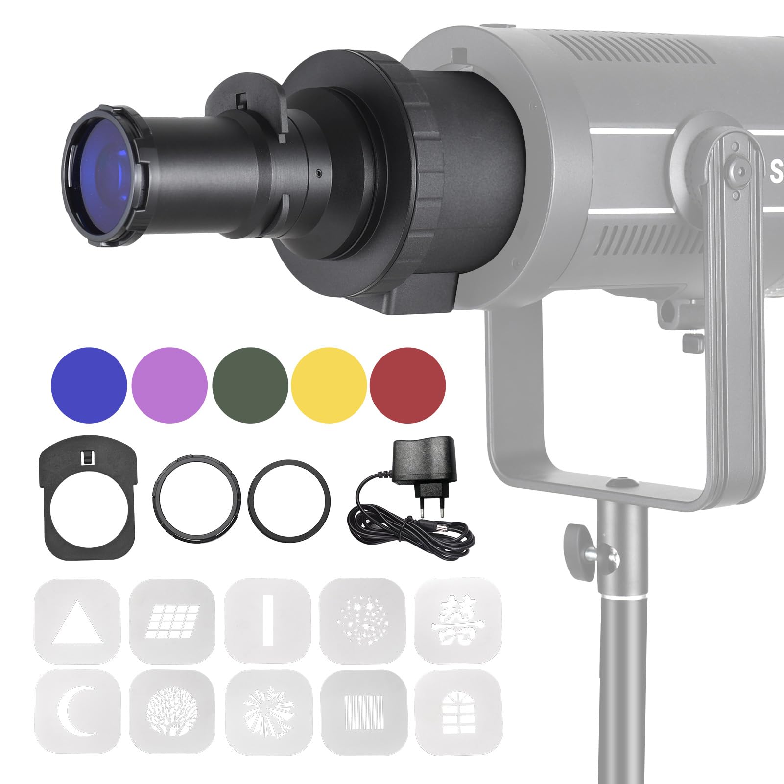 Andoer Snoot cónico óptico con soporte Bowens para fotografía, flash de proyector, snoot de modelado, accesorios de iluminación con 5 filtros de color, 10 tarjetas gráficas