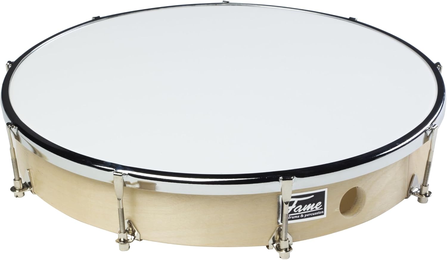 Fame 12 inch Frame Drum Wooden Hand Drum Mechanical Tuning Includes Beater and Tuning Key Natural High Gloss Finish Synthetic Fur Ideal for Music at Home
