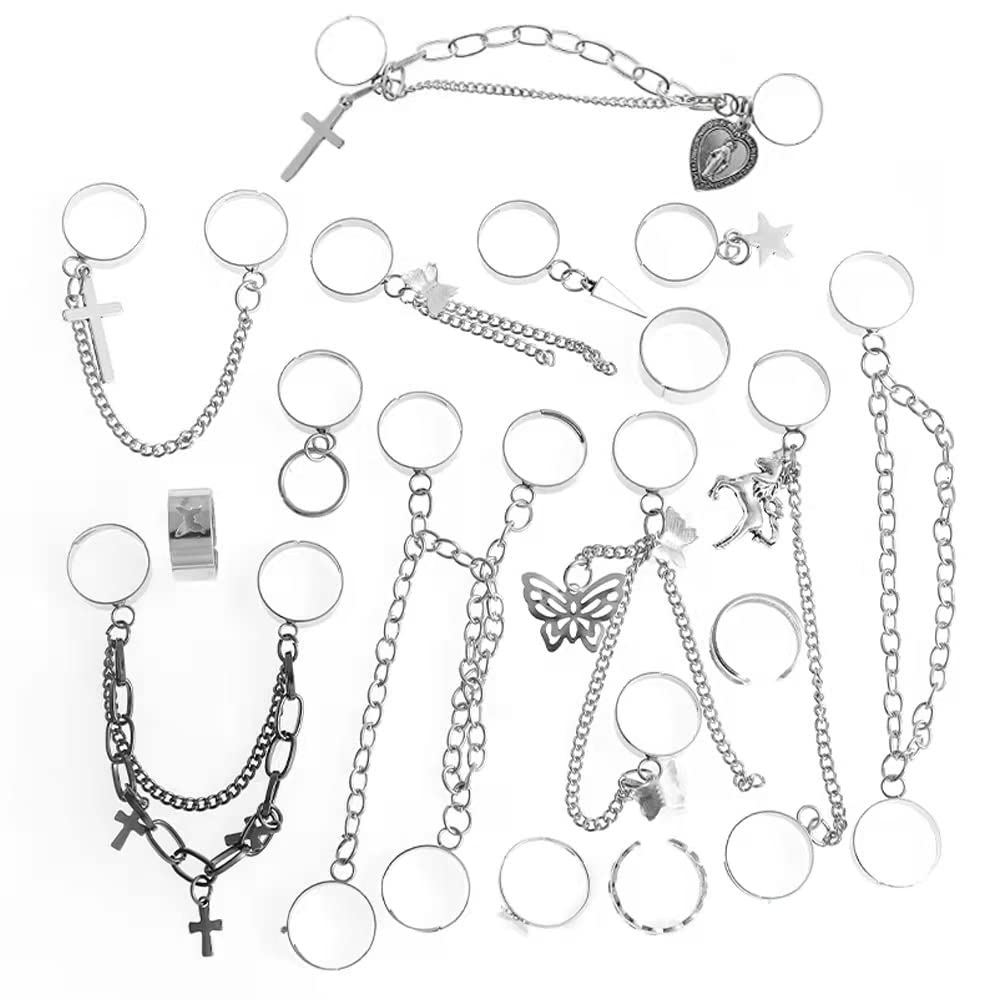 OEMOOPunk Vintage Chain Finger Rings Set for Women Men, gothic rings Adjustable Open Cross Chain Belt Finger Ring Stackable Ring Chains for Fingers (16PCS)