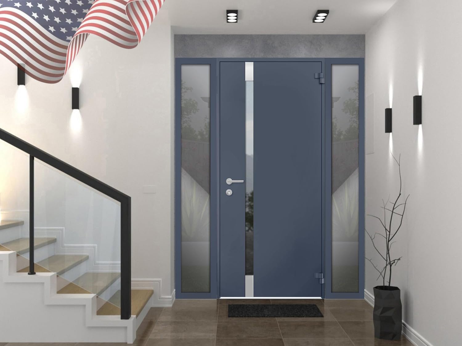VDOMDOORS Front Exterior Prehung Steel Door/Cynex 6777 Grey / 2 Side and Top Exterior Window/Stainless Inserts Single Modern Painted-W12+32+12" x H80+16"-Right-Hand Outswing