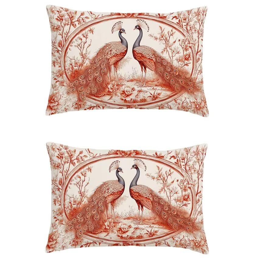 Housse coussin exterieur rouge 50x70cm rectangulaire lin impermeable taie oreiller paon