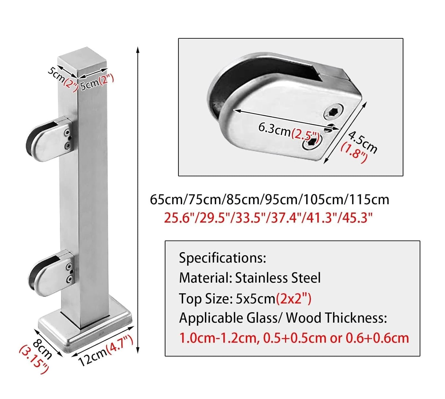 304 Stainless Steel Glass Balustrade Post for Deck/Patio Railing System, 36"/37"/43" Mid Post, 45.3" Height, Suitable Glass, Wood, Metal, and Plastic Panels(Height-90cm(35.4"))