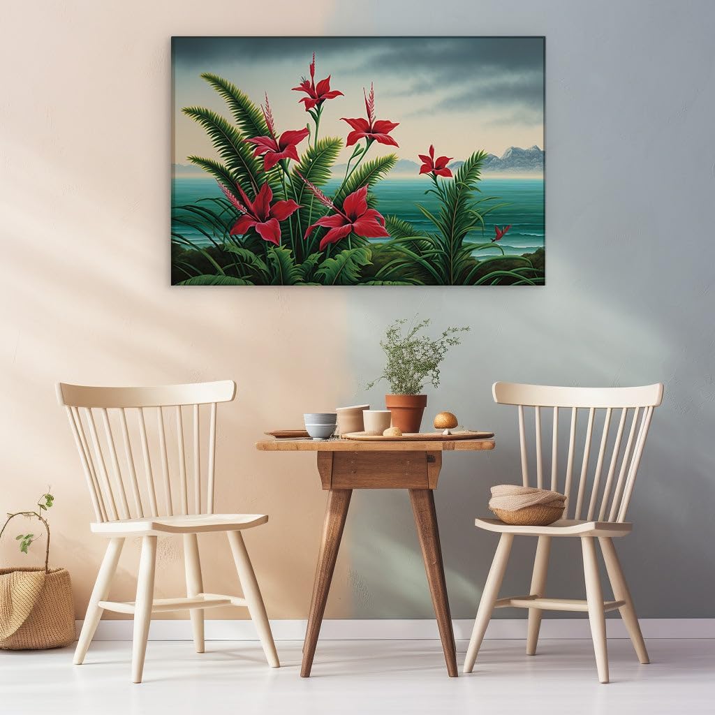 Canvas for Living room. Tropical Serenity Meets Impending Storm: A Vivid Interplay of Color and Mood in Art, 27 x 18 inch Canvas Wall Art - Contemporary Masterpieces - Botanical Home Decor