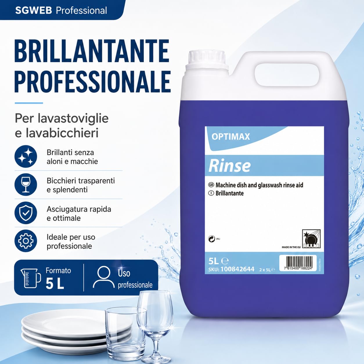 Brillantante Lavastoviglie Professionale 2 x 5L, Additivo Liquido per Risciacquo Stoviglie, Bicchieri e Posate, Asciugatura Rapida, Meno Aloni e Brillantezza Professionale