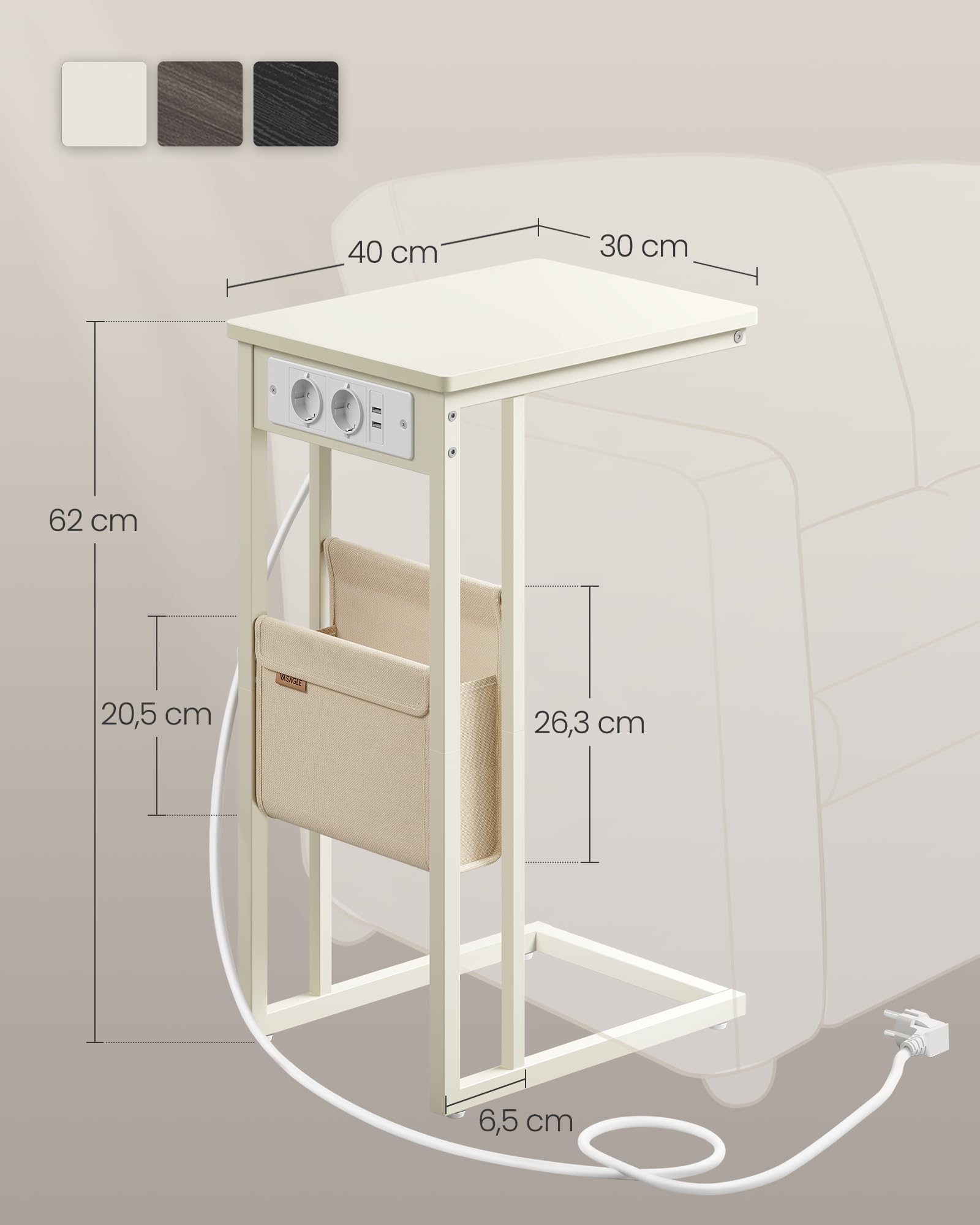 VASAGLE Bijzettafel, nachtkastje met stopcontacten, C-vorm, salontafel voor kleine ruimtes, 2 USB-poorten, 2 AC-aansluitingen, opbergtas, verstelbare poten, ebbenhout LET356B02V1