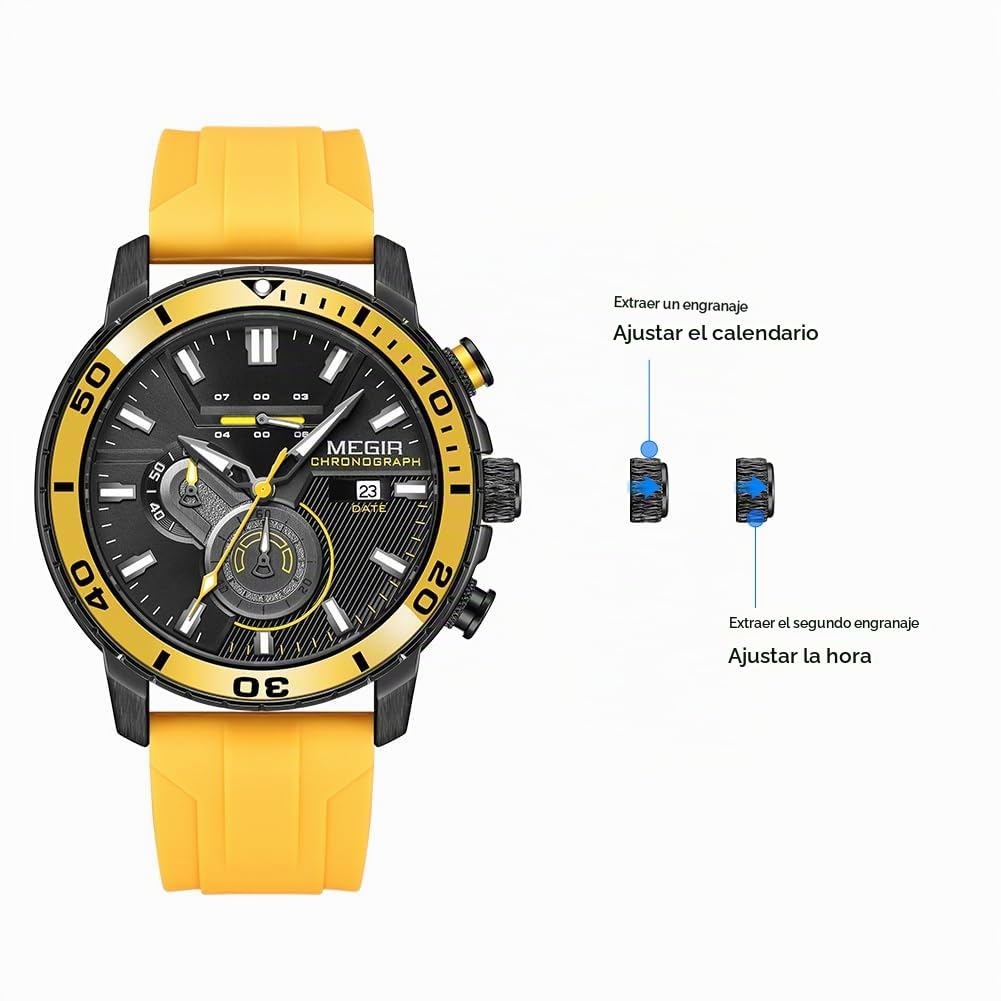 MEGIR Reloj deportivo analógico de cuarzo para hombre, cronógrafo, militar, luminoso, correa de silicona 2224G, Amarillo