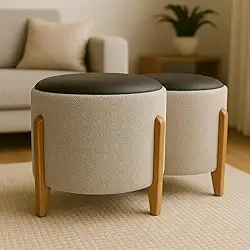 Kit 2 Puff Banquetas Redondo Banco Pufe Assento Macio em Courino Tecido Boucle Decorativo para Sala Escritório Apartamento Soft Lux com Pés em Madeira (Bege/Marrom)