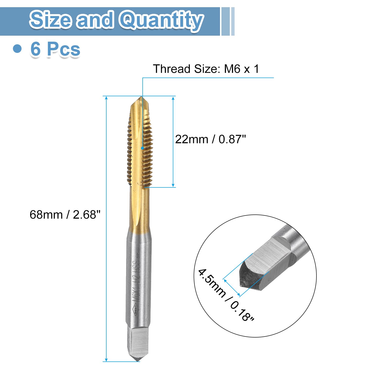 uxcell Spiral Point Plug Threading Tap M6 x 1 Thread, Ground Threads H2, High Speed Steel 6542, Titanium Coated, Metric Screw Taps Tapping Bit for Thread Repair, 6pcs