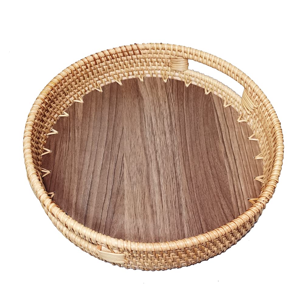 Round Rattan Woven Serving Tray with Handles and Wooden Base, 10.5”Wicker Decorative Basket with 2”Wall for Fruit Serving, Vanity Organizer, Coffee Table Tray, Kitchen Storage Display, Exxacttorch