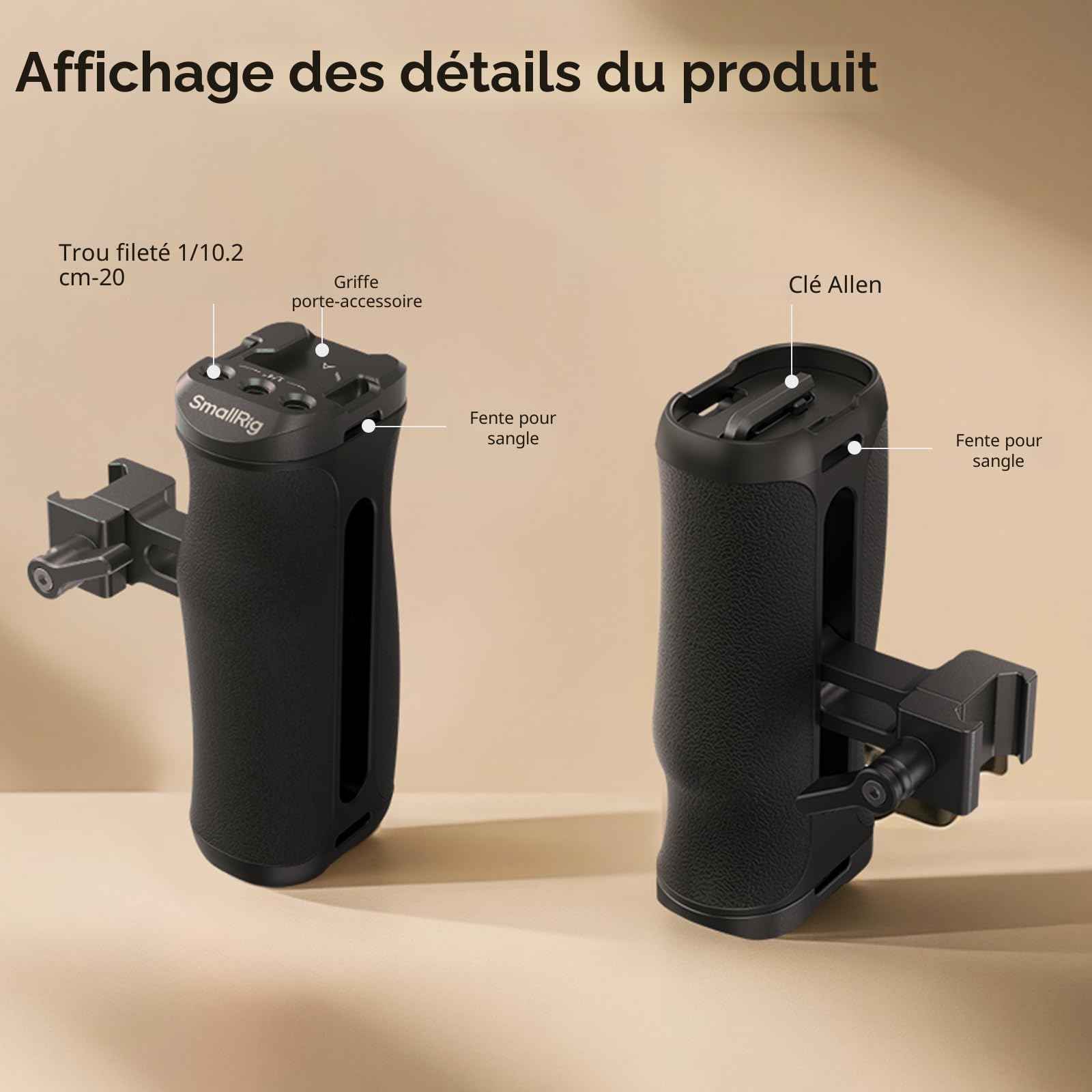 SMALLRIG Mini poignée latérale NATO pour Cage de caméra, poignée latérale Ergonomique Universelle, 43mm Ajustable vers Le Haut/Bas, Trou fileté 1/4"-20 intégré, Trou pour Courroie, Cold Shoe - 4840