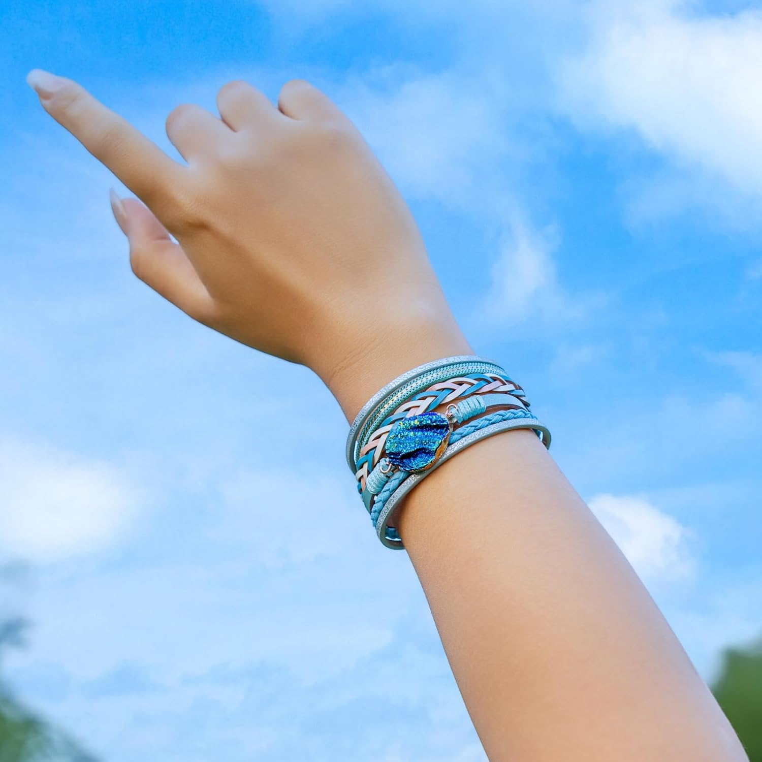 FANCY SHINY Braided Leather Bangle Bracelets Boho Resin Stone Wrap Bracelets Stackable Cuff Bracelets with Magnetic Clasp for Women - Image 8