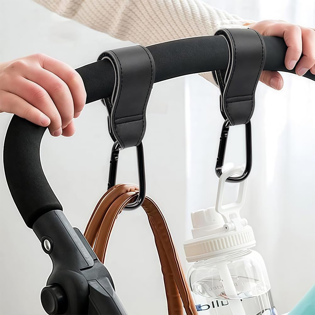 2 Pcs Baby Stroller Hooks, Bag Hooks for Hanging Diaper Bags, Multipurpose Hooks for Grocery Shopping Bags,Premium Vegan Leather Pram Straps (Black) - 2