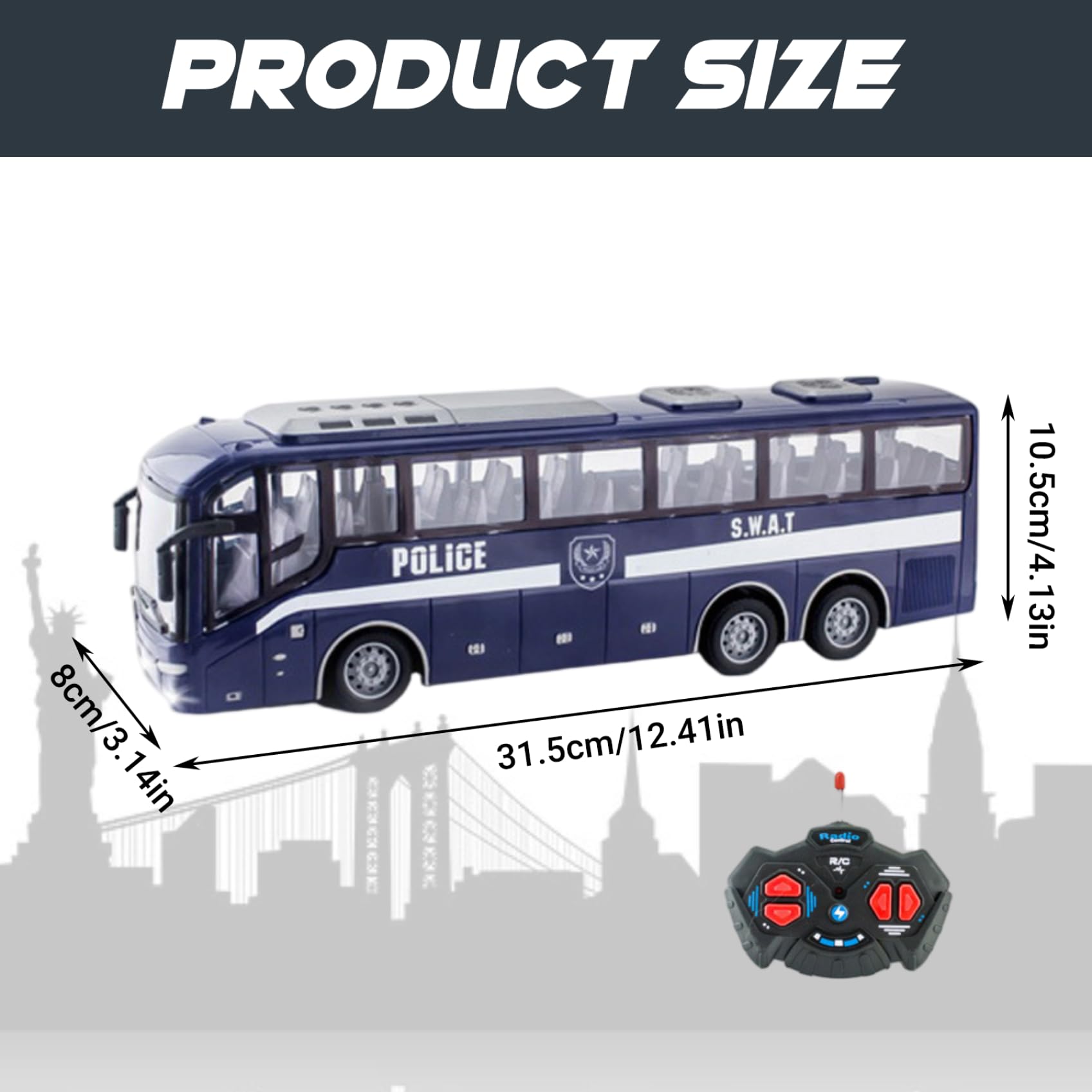 Juguete de autobús de la policía, 12.4x3.2x4.5 pulgadas 1:30 Simulador de autobús de la policía eléctrica realista y divertida de control remoto, regalo creativo para niñas, sin batería, azul