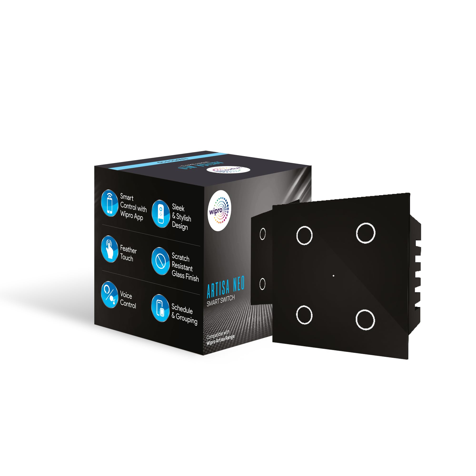 Wipro Artisa Neo Wi-Fi Smart 4 Node Touch Switch (6A Each) | Tempered Glass | Works with App, Alexa, Google Assistant | Compatible with Wipro Artisa | Suitable for LED Lights etc| Pack of 1, Black (B0CQT36SJN) Amazon Price History, Amazon Price Tracker