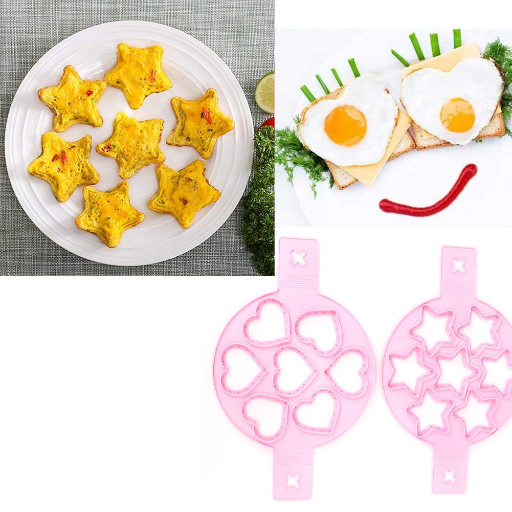 Pancake Making Moldes, 2Pcs Heart and Star Shapes Pancake Maker Nonstick Silicone Pancake Moldes Rings Reusable Silicone Pancake Maker Heart Pancake Moldes