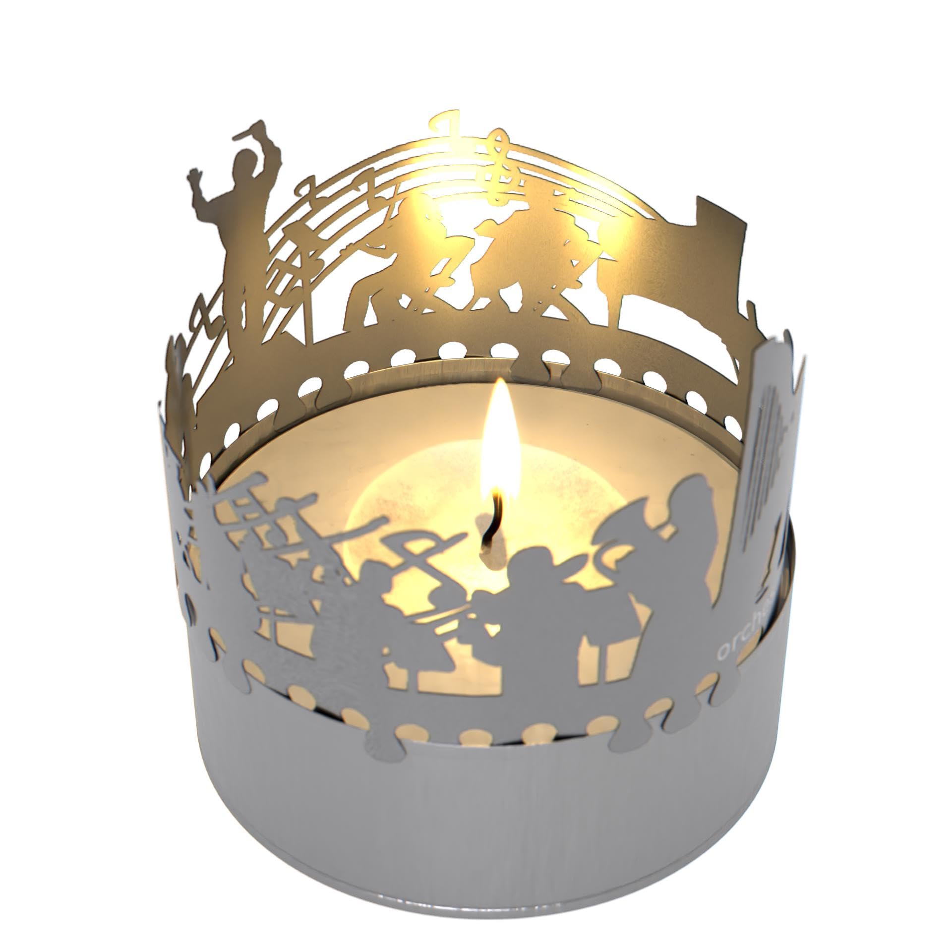 Orchester candle votive gift, 3D stainless steel attachment for a tea light inclusive greeting card