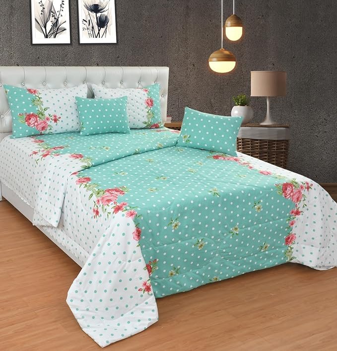 Premium 100% Cotton Feel 220 TC Floral Printed Bedsheet| 1 King Size Bedsheet, 2 Quilted Pillow Cover, 2 Quilted Filled Cushion Cover| Pack of 5 Pcs Set| Wrinkle Free, Super Soft (Green) (B0D8WF8S6S) Amazon Price History, Amazon Price Tracker