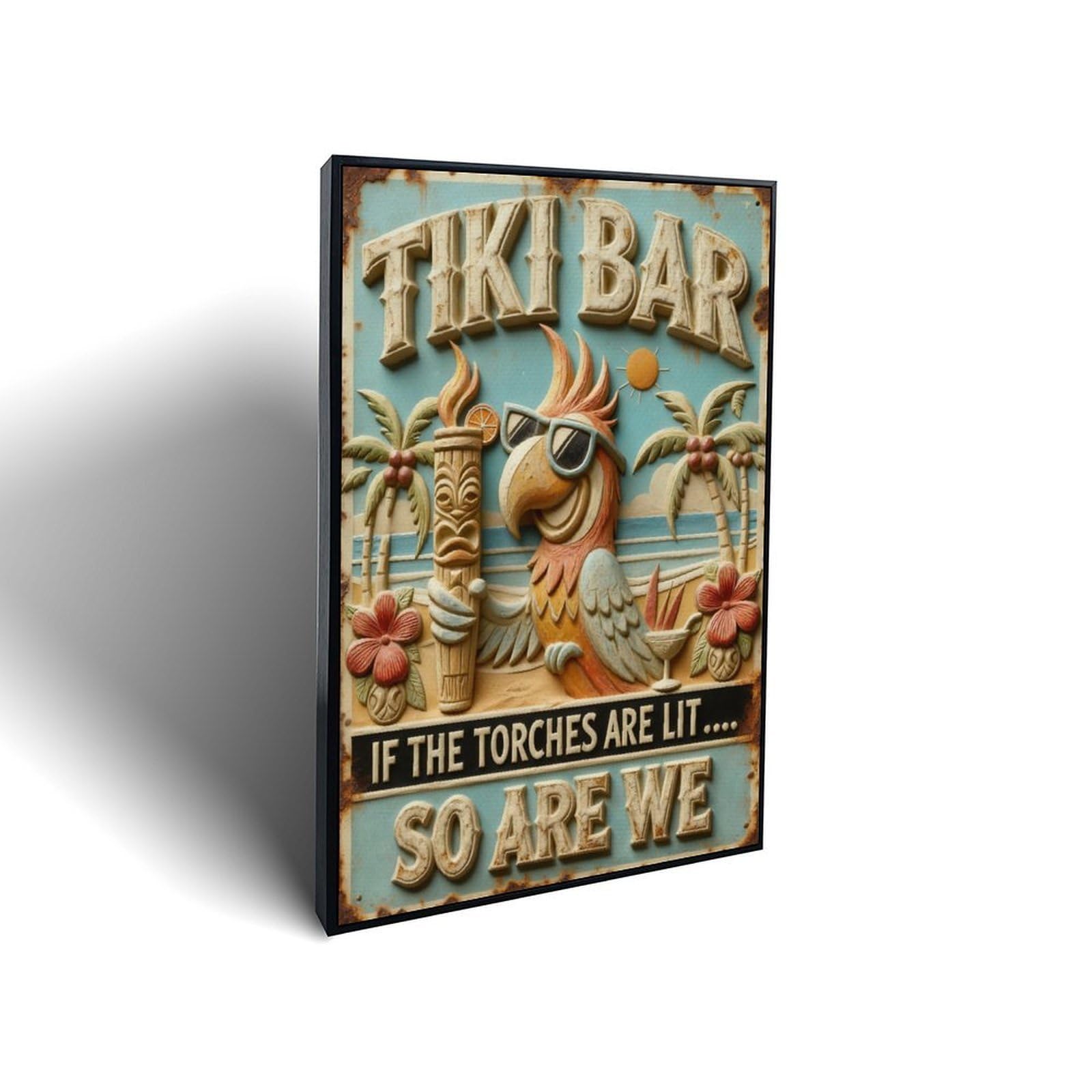 Lvalogy Black Frame-Style Tiki Bar Parrot Palm Beach Framed Canvas Wall Art