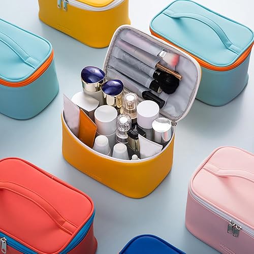 Miniatura 7 de KITENROM Bolsa de maquillaje portátil de viaje con soporte para cepillo, bolsa de maquillaje impermeable para mujeres con asa azul